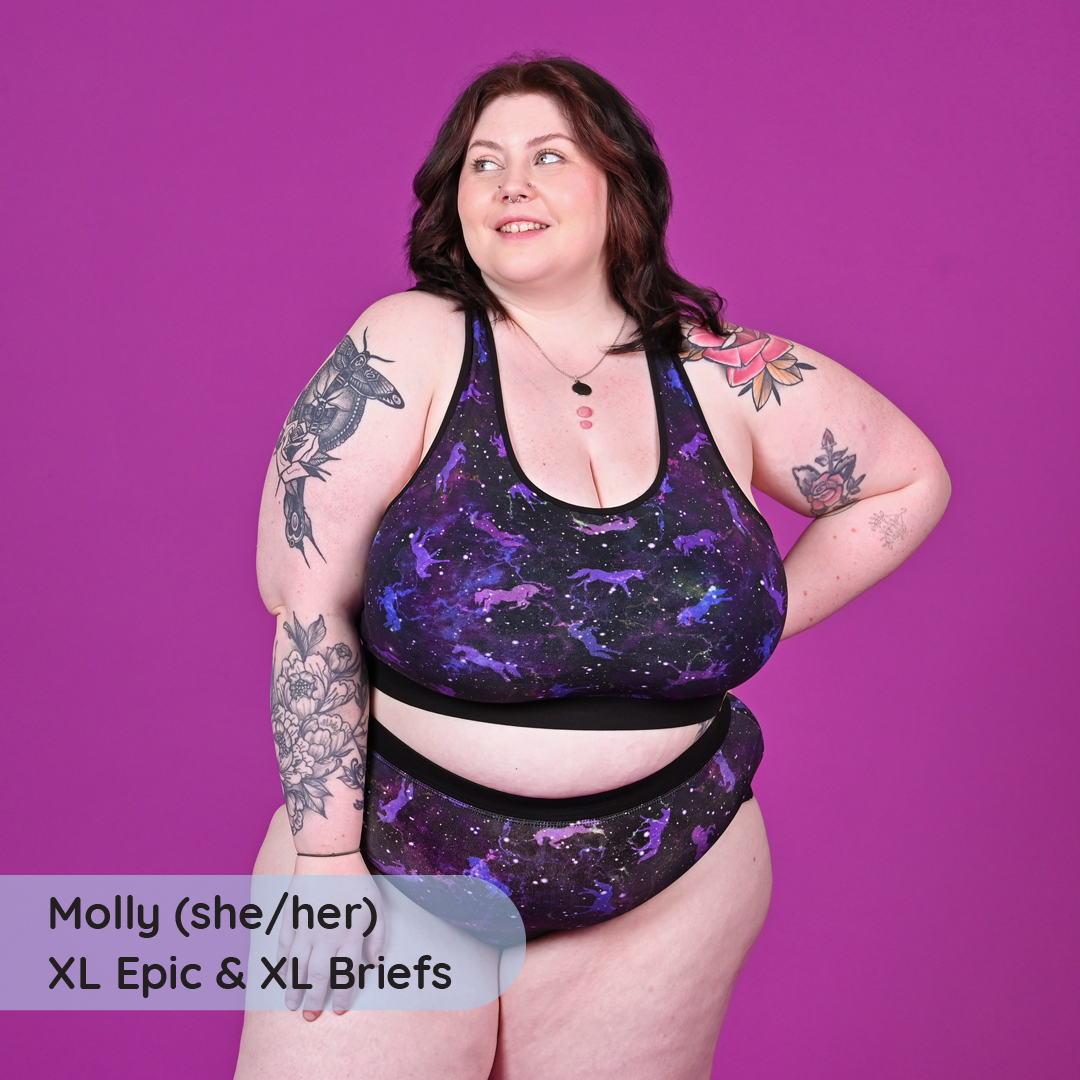 Molly is wearing a Uni-verse bralette and briefs