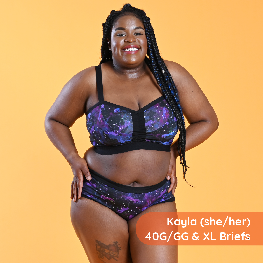 Kayla is wearing a universe bra and briefs underwear set