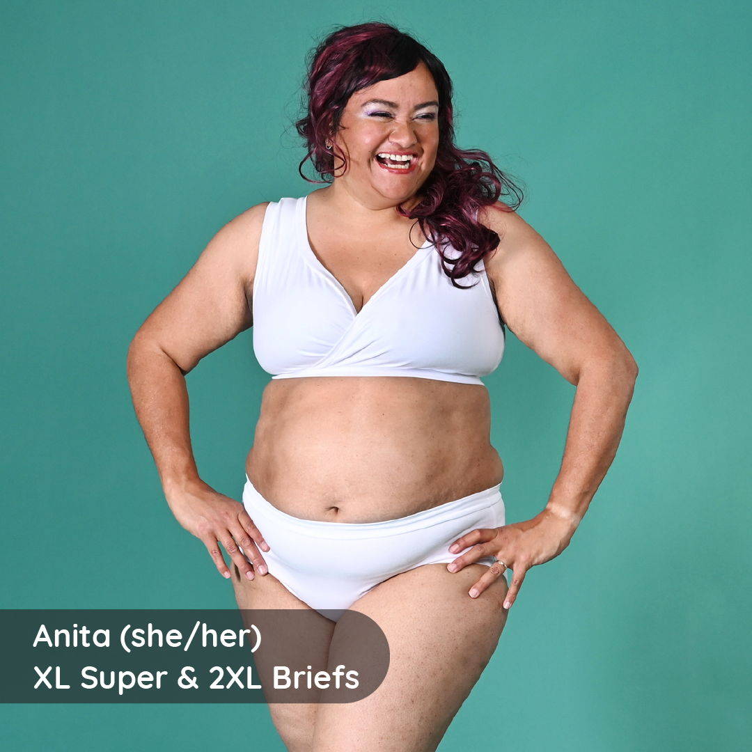 Person wearing white underwear with text indicating size and pronouns on a teal background