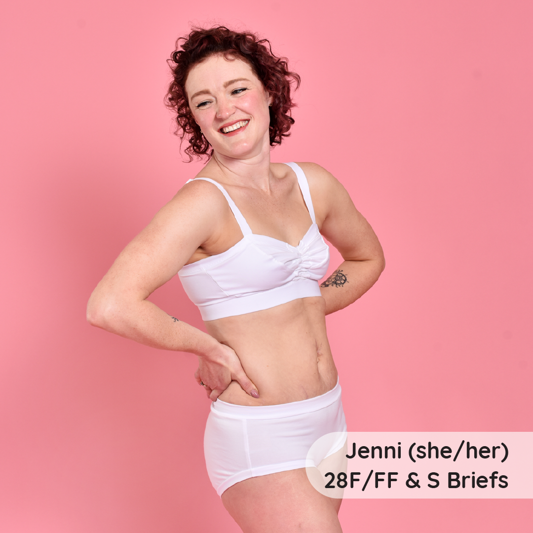 Jenni is wearing a white flexi non wired bra and briefs