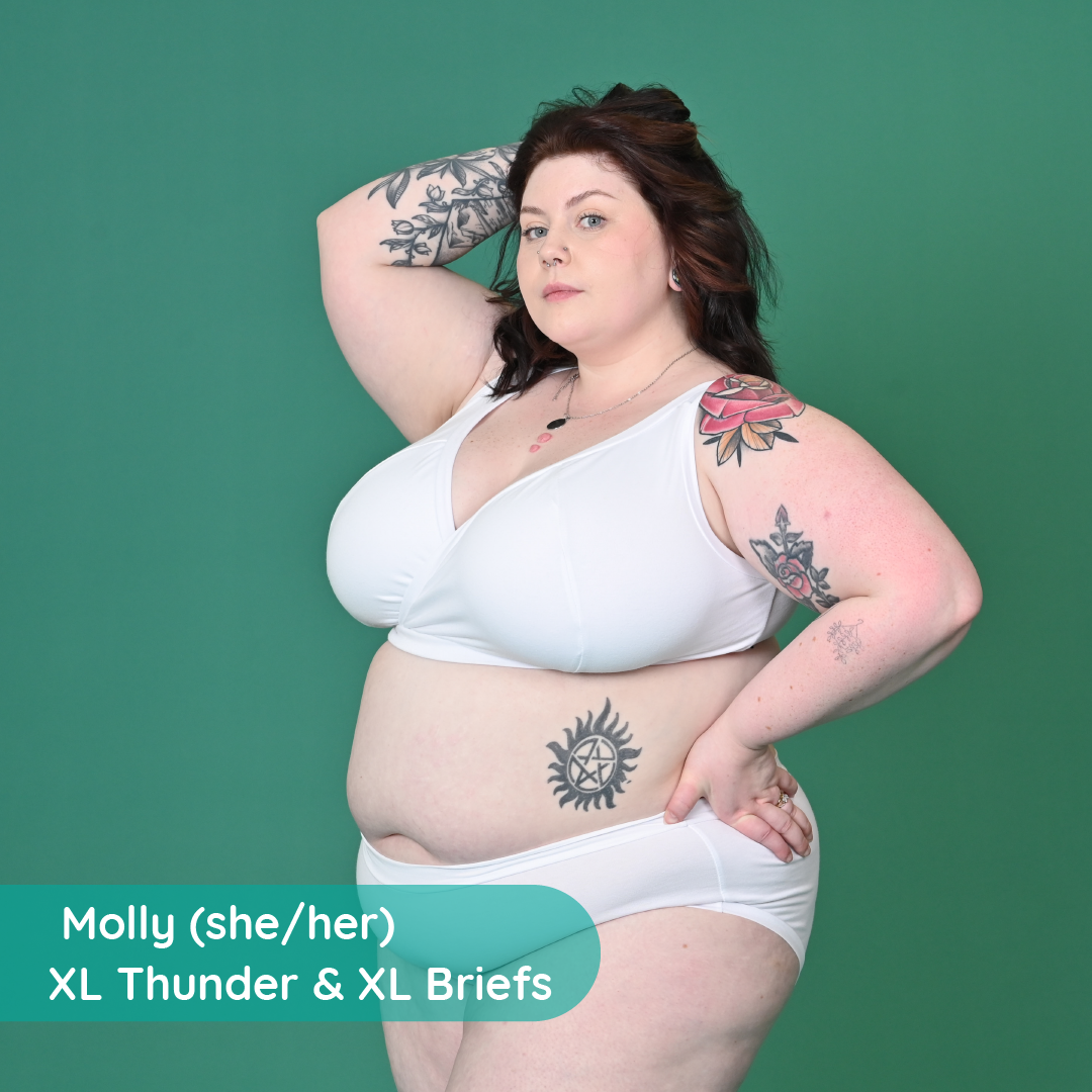 Molly is wearing a white cotton non wired bra and briefs