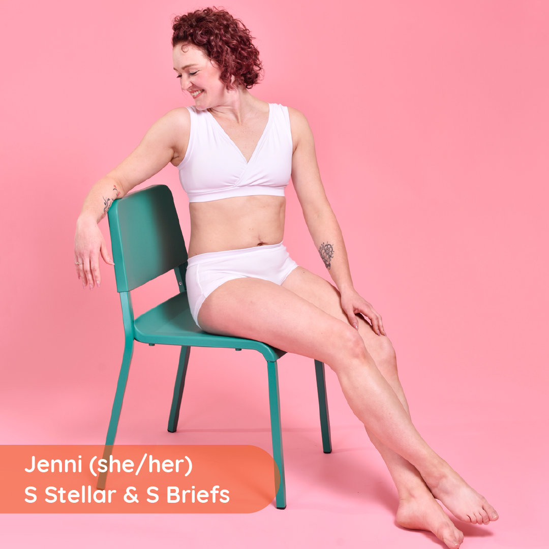Jenni is wearing a white cotton underwear set