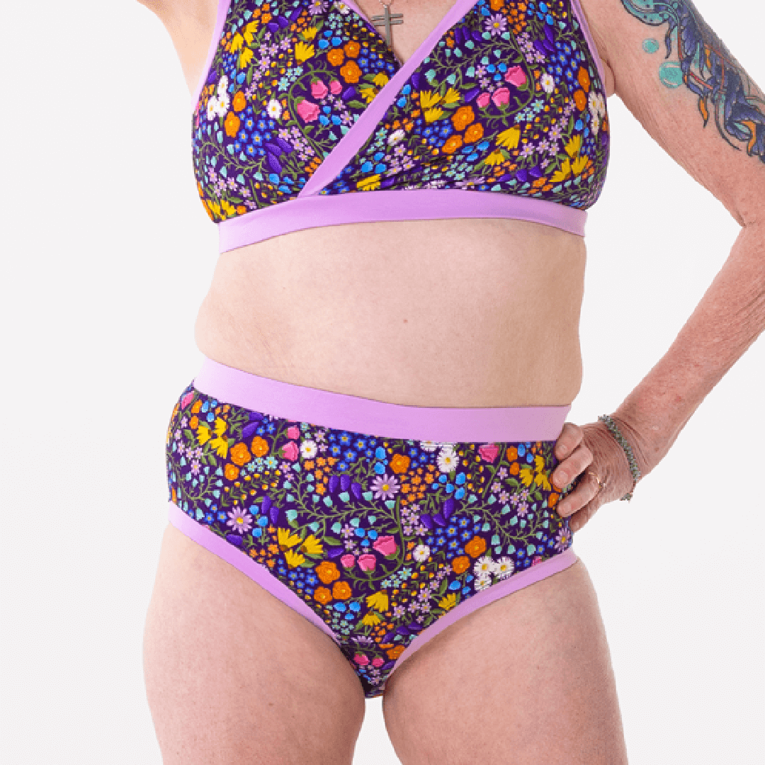 Close crop of Anne wearing high rise wildflowers briefs and bra