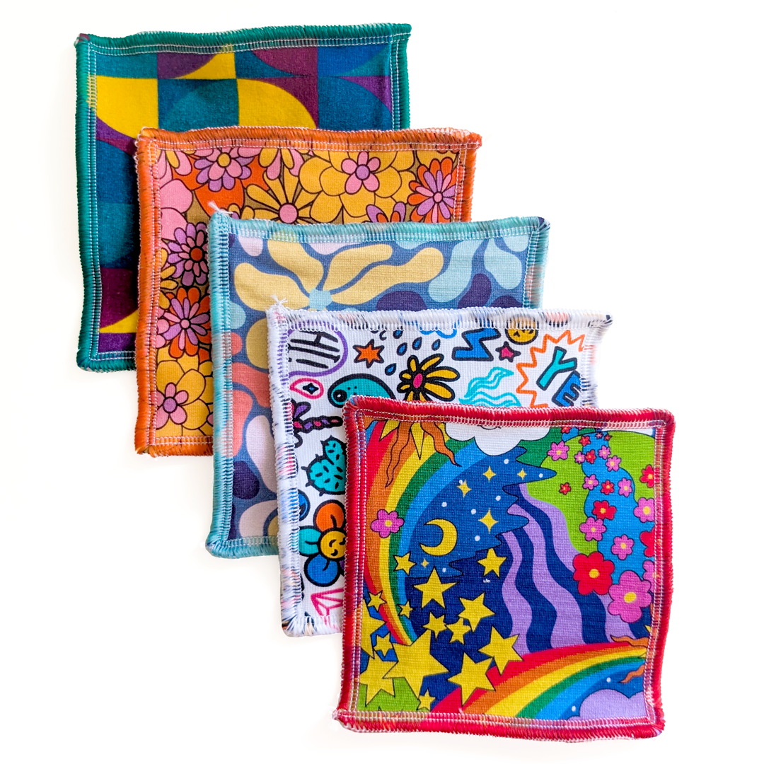 5 colourful reusable cotton face wipes