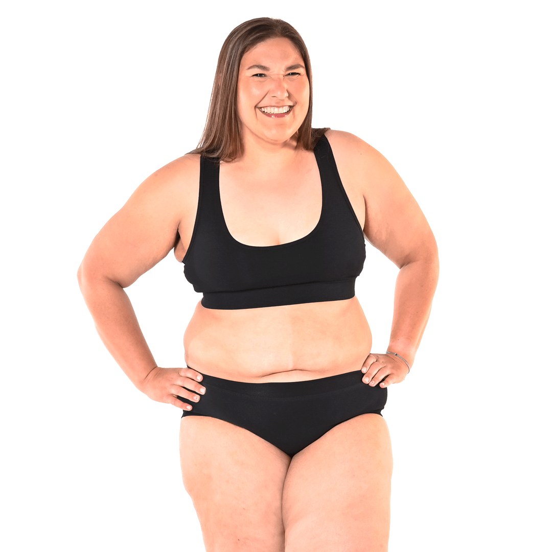 kate is wearing a black bralette and briefs