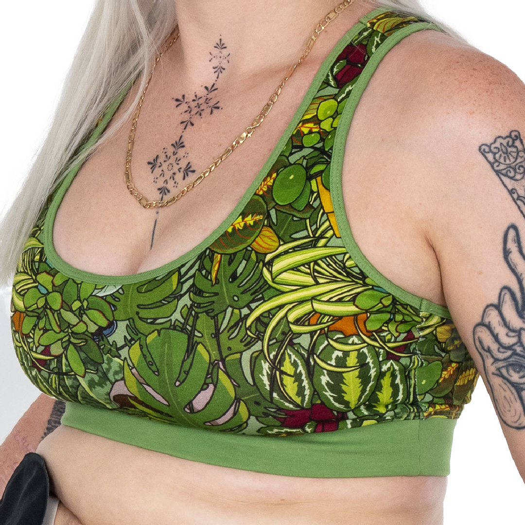 Close up of the botany house plant racerback bralette