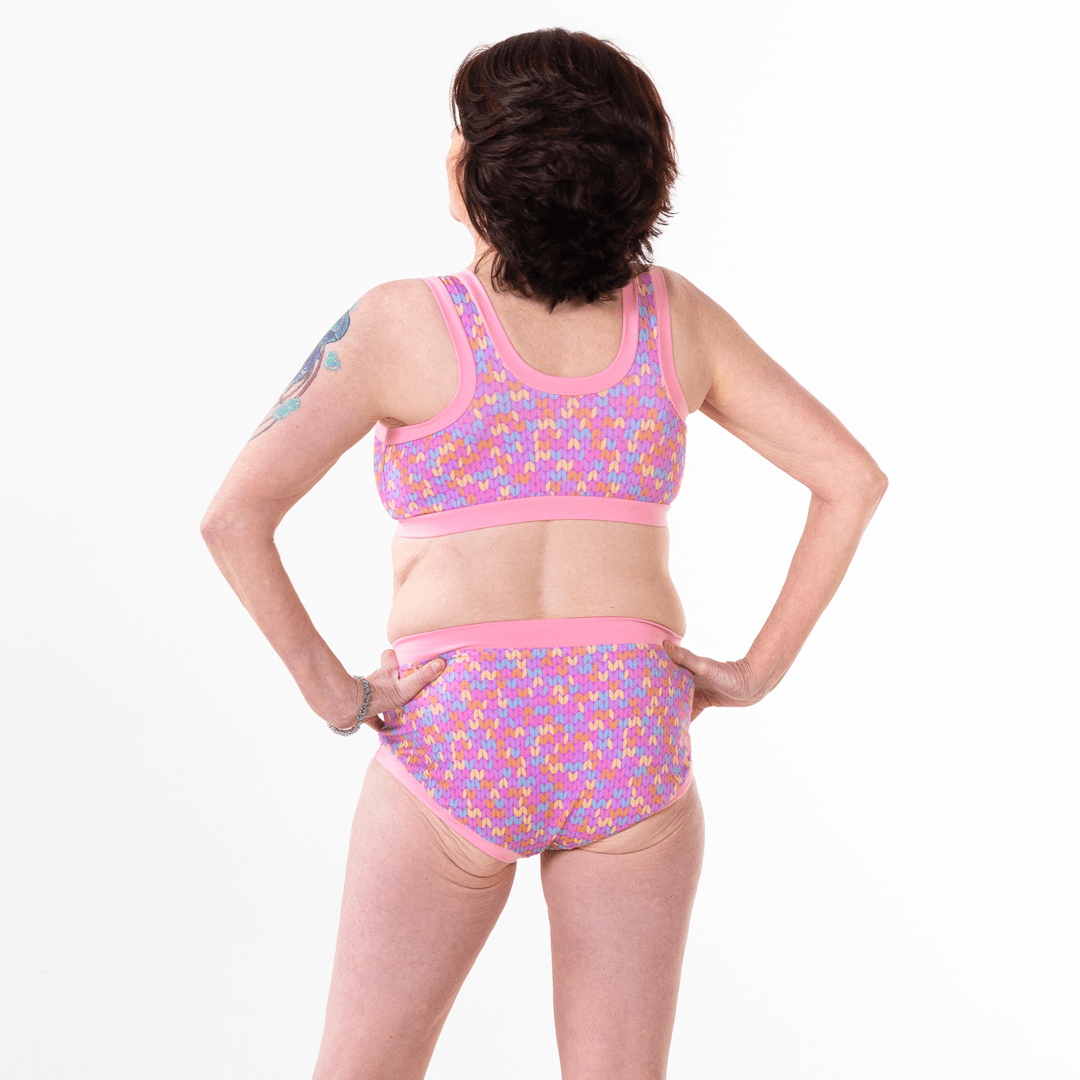 Back view of Anne wearing a Candy Knit underwear set