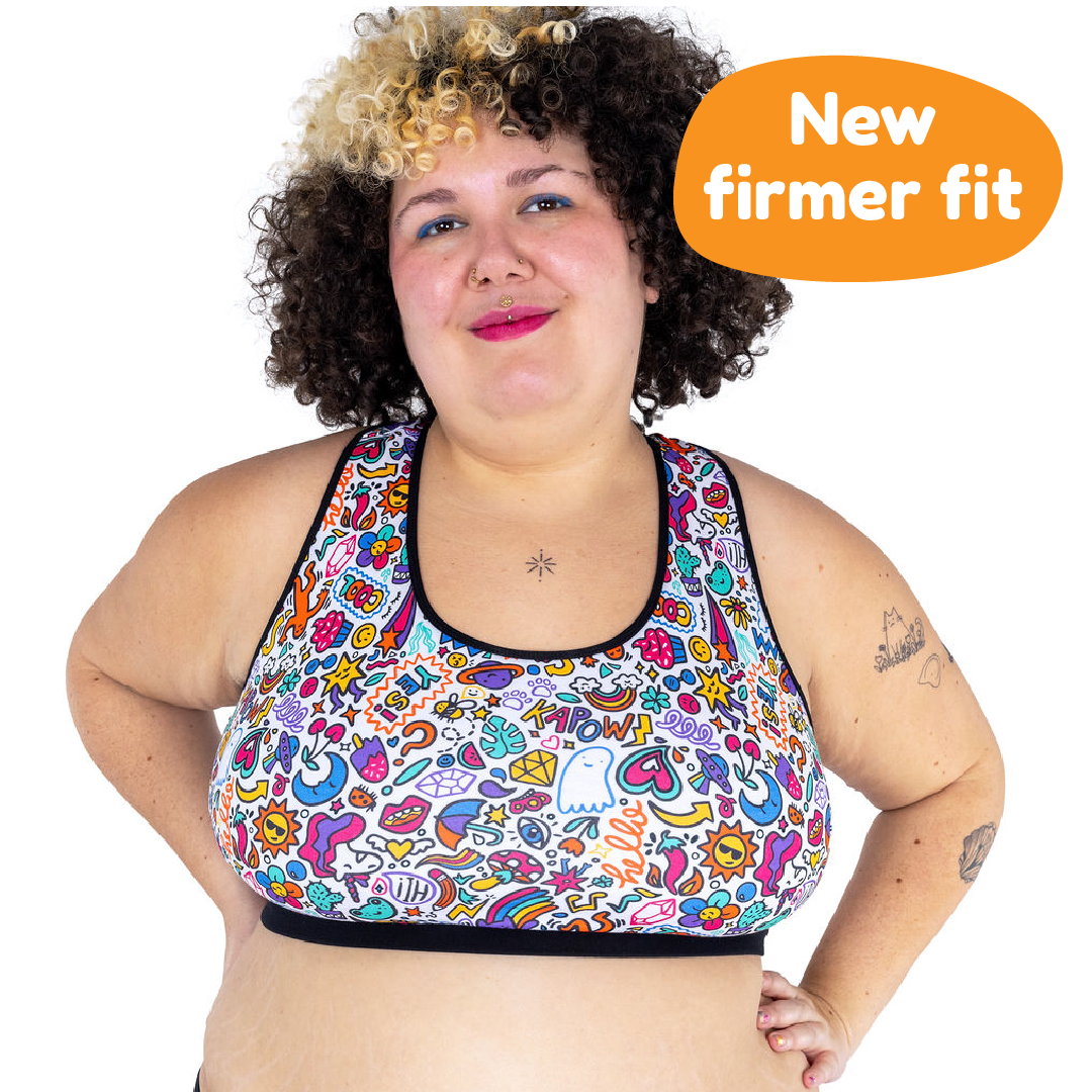 Sofaya is wearing a Doodles fuller bust bralette. Text reads 'new firmer fit'