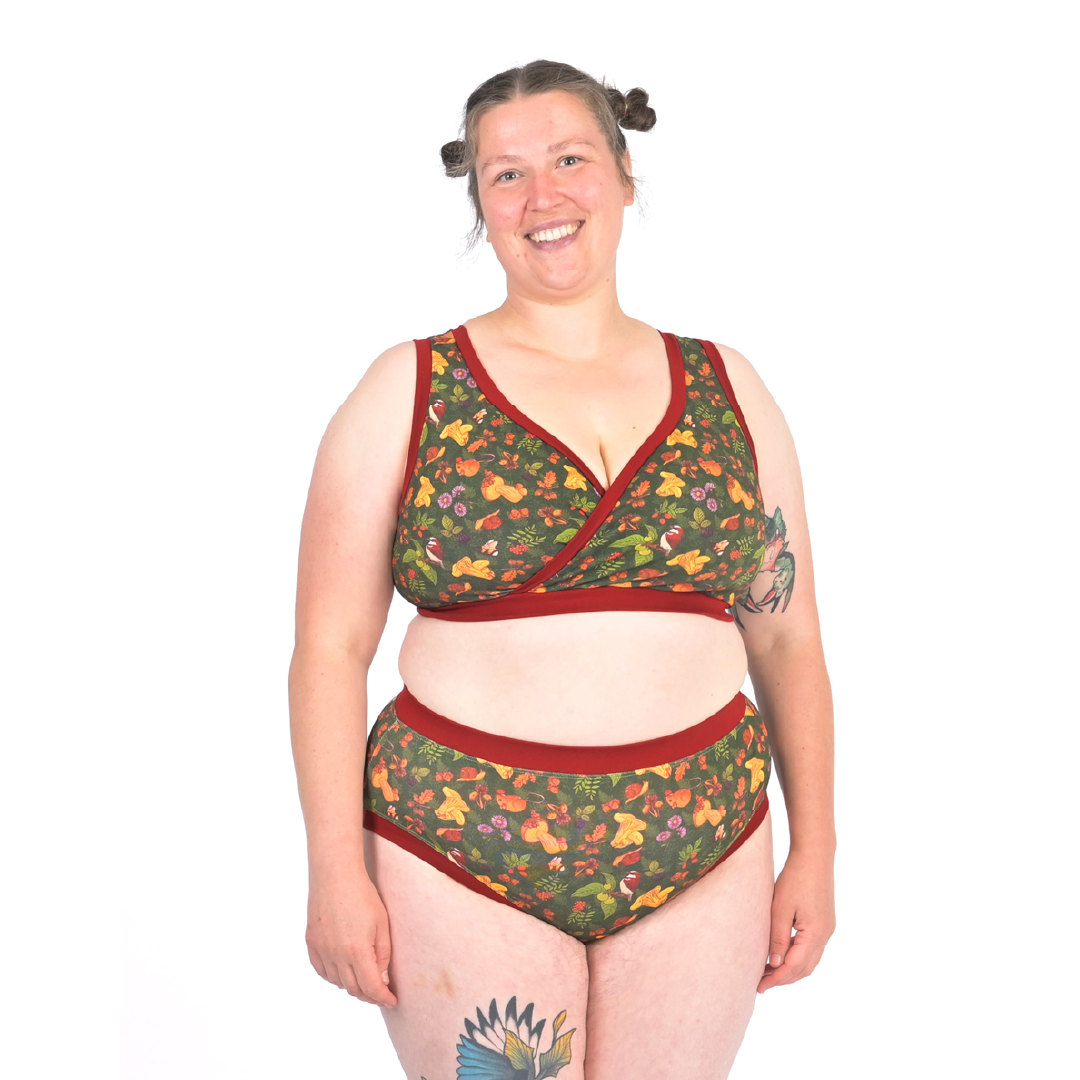 Katy wearing a forager mushroom babes non wired bra and high rise cotton briefs