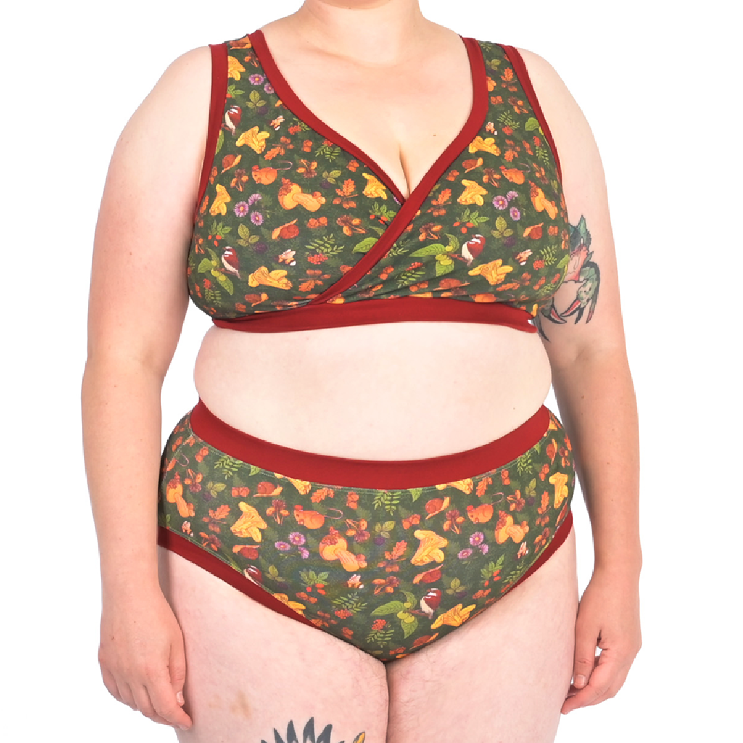 Crop of Katy wearing a Forager Woodland bra and cotton high rise briefs