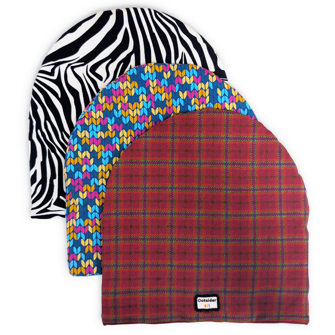 3 cotton beanie hats in  Zebra, knit and tartan design