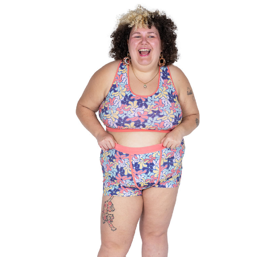 Sofaya wearing a Wavy Flowers fuller bust bralette and boxer briefs