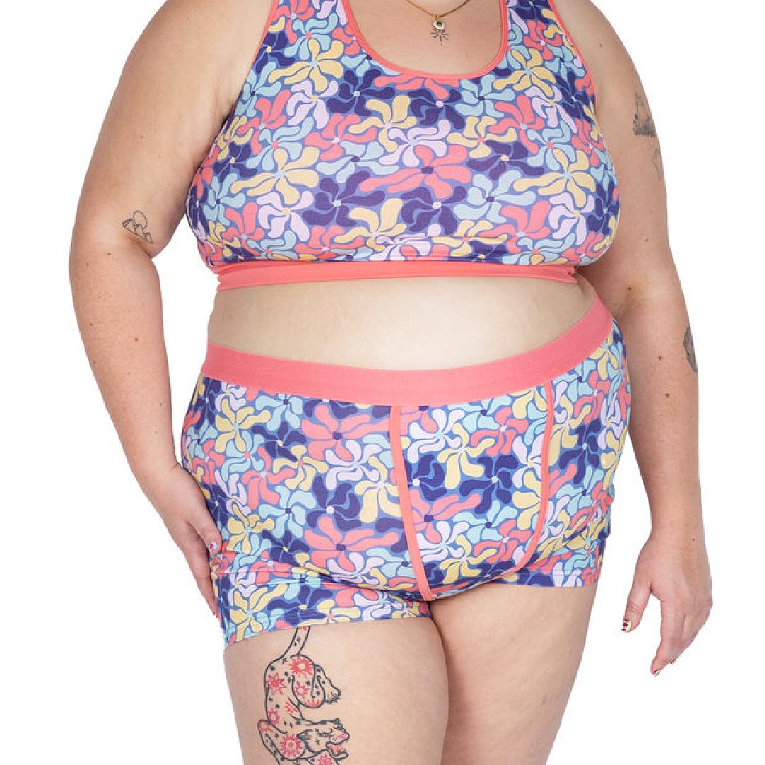 Crop of Sofaya wearing wavy flowers boxers and crop top