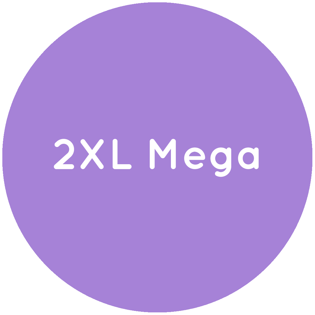 Purple circle with the text 2XL Mega in white.