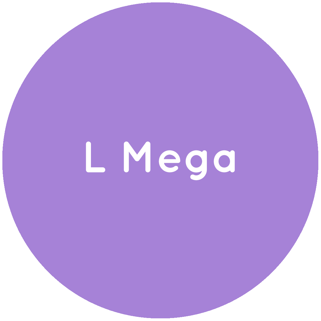 Purple circle with the text L Mega in white.