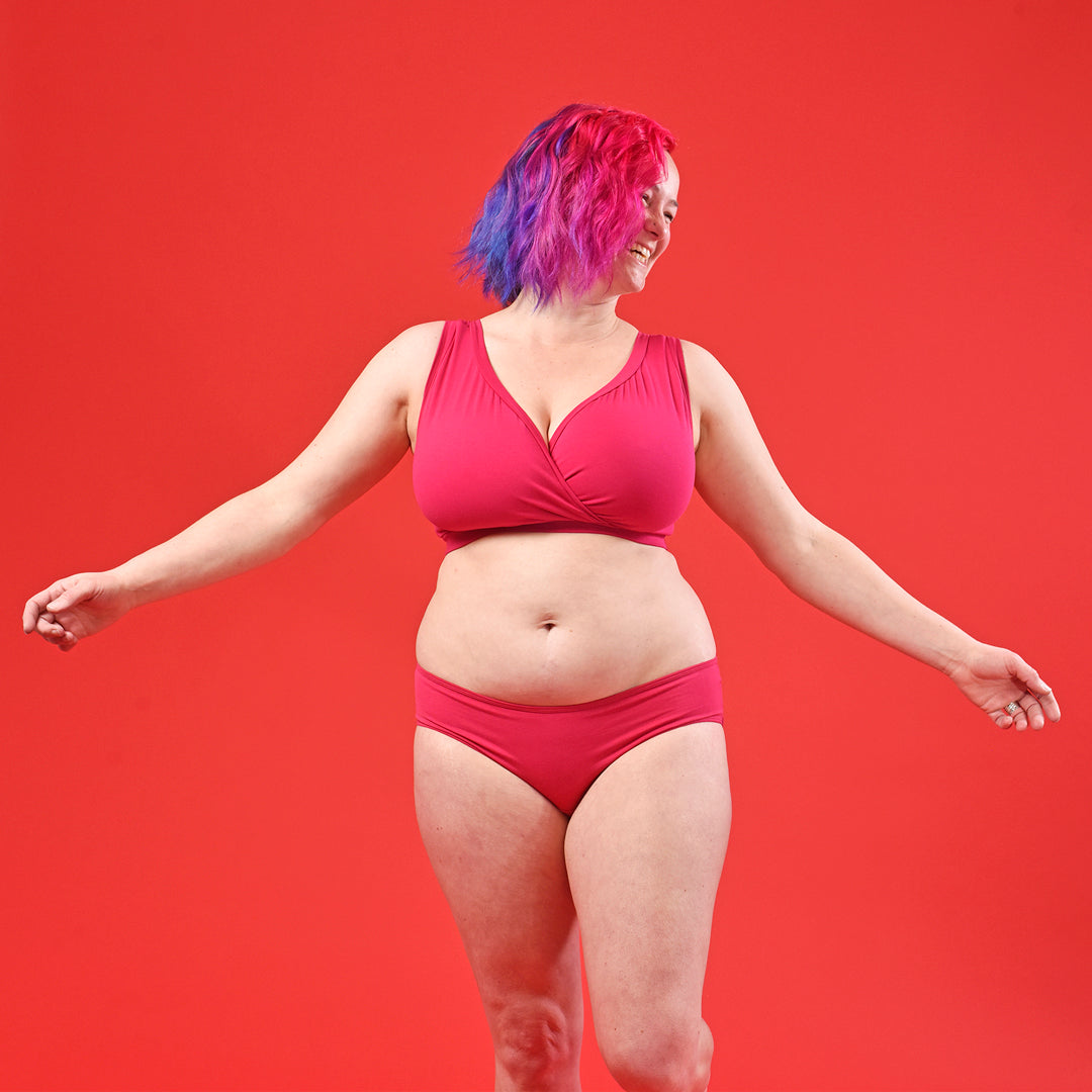 Claire is wearing raspberry pink bra and briefs