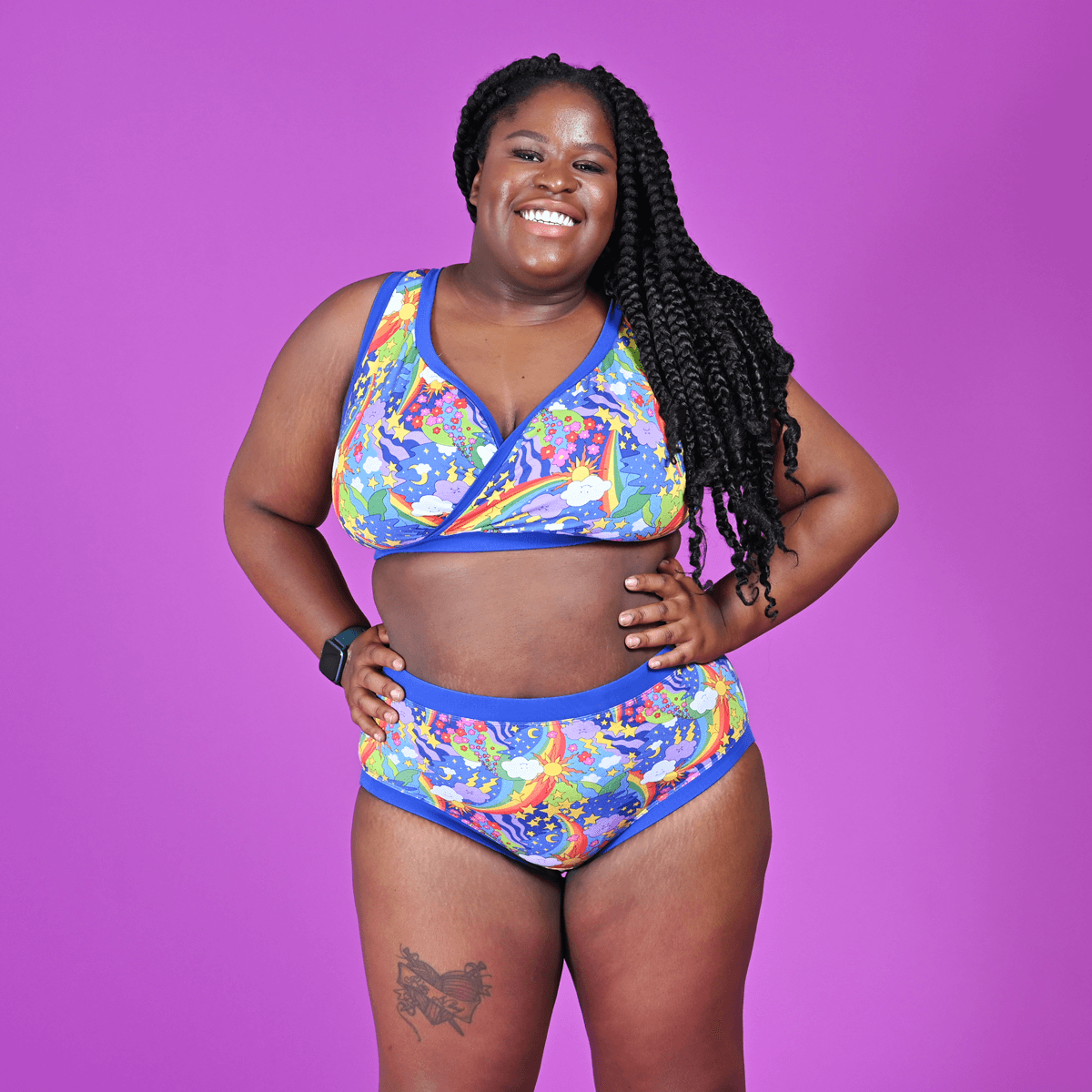 Kayla is wearing a bright colourful underwear set