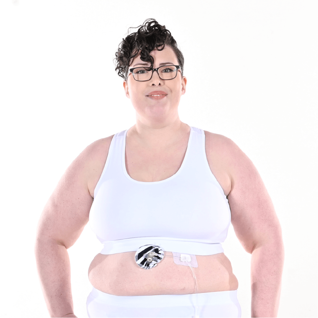 Fiona is wearing a fuller bust white racerback bralette